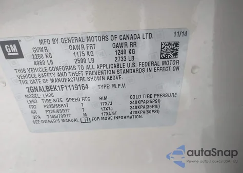 2015 Chevrolet Equinox 1Lt z USA, uszkodzony, nr VIN 2GNALBEK1F1119164